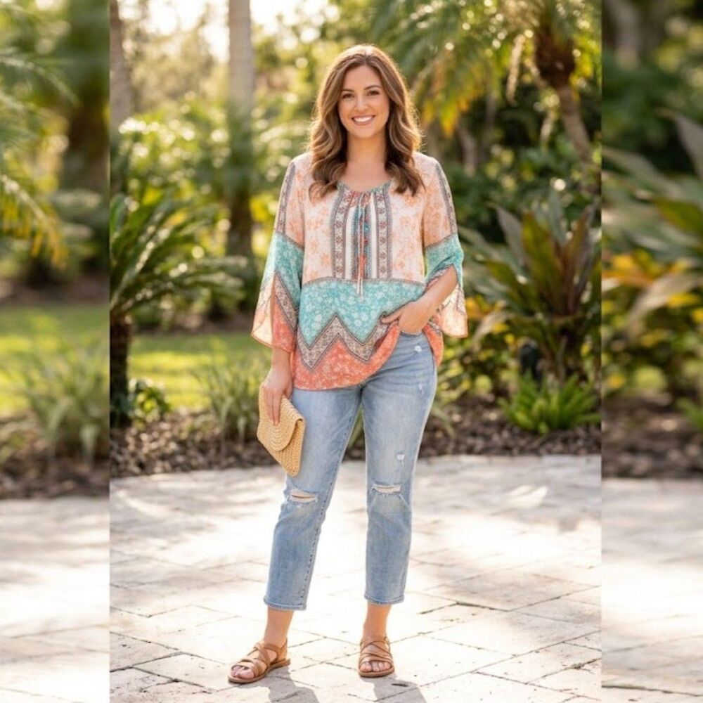 New Directions Semi Sheer Chiffon Peasant Blouse Size Large